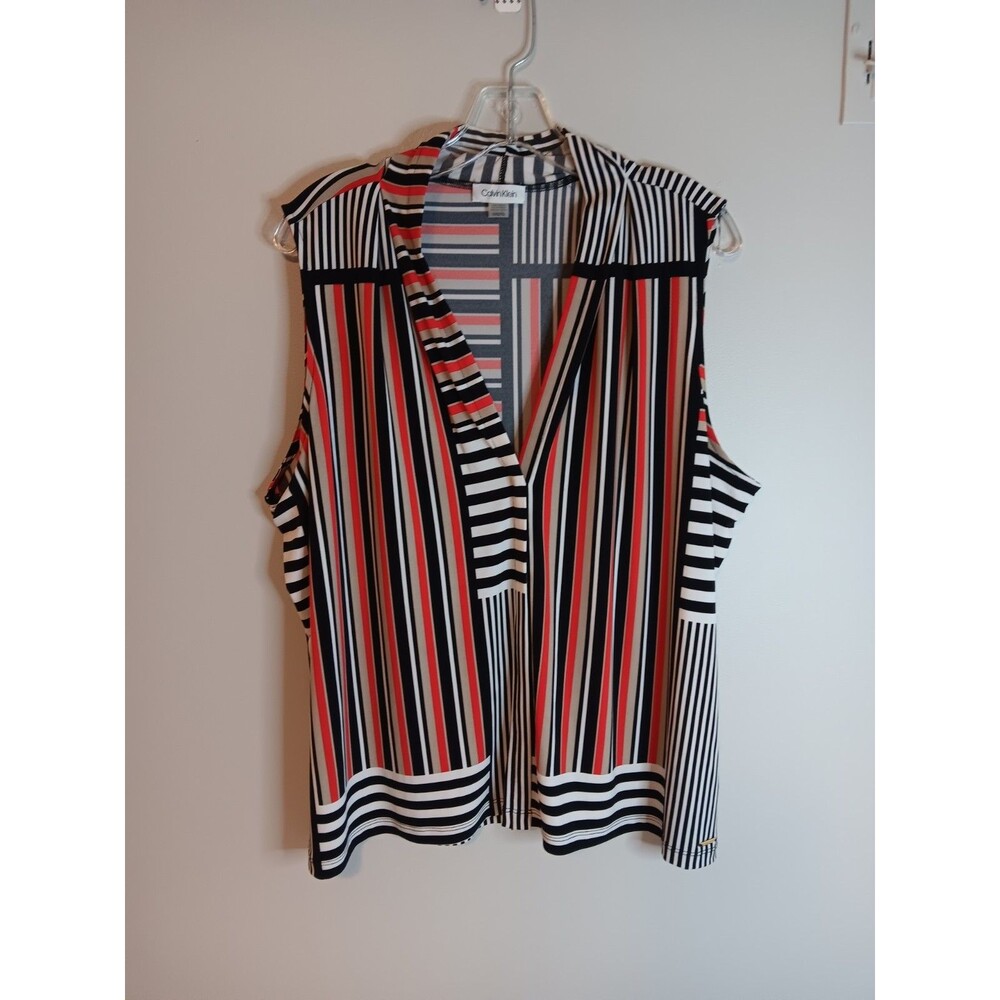 Calvin Klein Stripe Sleeveless Blouse Top Sz 1X Geometric Orange / Black